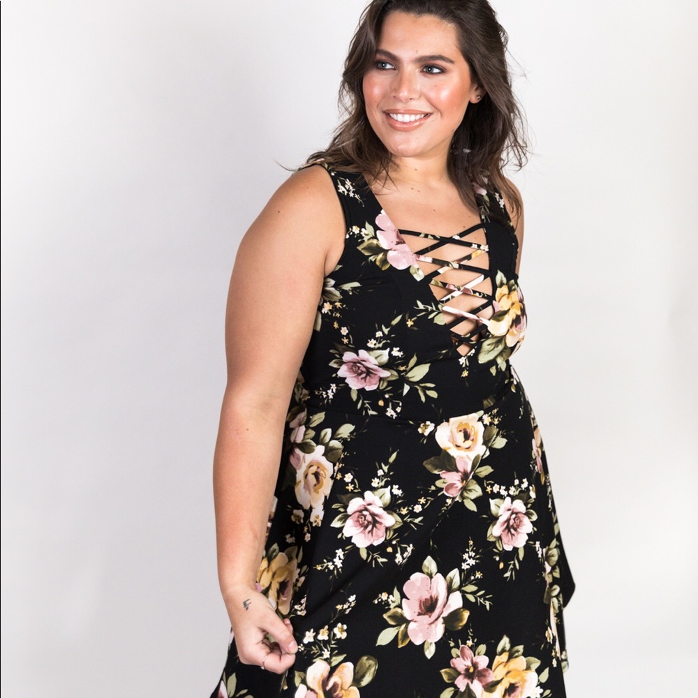 Plus Size Fit & Flare Cross Front Floral Dress
